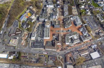 Aerial view, market place Kreuztal with town hall and shopping centre, primary school at Dreslers