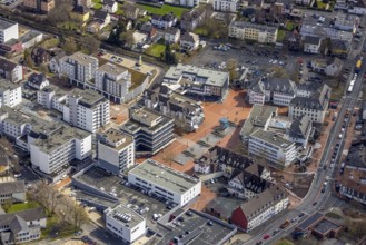 Aerial view, market place Kreuztal with town hall and shopping centre, Kreuztal, Sauerland, North