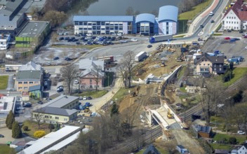 Aerial view, construction site and replacement construction of the DB bridge and new road