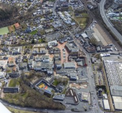 Aerial view, market place Kreuztal with town hall and shopping centre, primary school at Dreslers