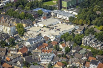 Aerial view, Kamen square shopping centre in Kampstraße in the district Kolonie Tannenberg, Kamen,