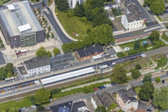 Aerial view, Kamen railway station with multi-storey car park in Kamen, Ruhr area, North