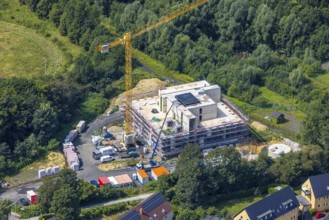 Aerial photo, construction site and new residential building Solarhaus Kamen on
