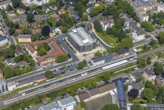 Aerial view, Kamen railway station with multi-storey car park and building of the Unna district