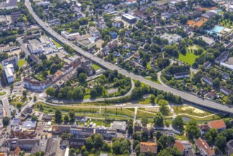 Aerial view, Sesekepark between Maibrücke and Hochstraße with river Seseke at the federal road