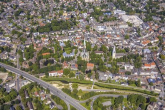 Aerial view, city centre with catholic parish church Zur Heiligen Familie and evang. Pauluskirche,