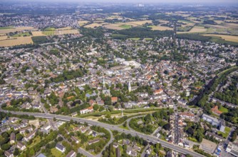Aerial view, city centre with catholic parish church Zur Heiligen Familie and evang. Pauluskirche,