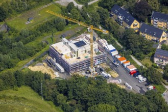 Aerial view, construction site and new residential building Solarhaus Kamen on