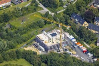 Aerial photo, construction site and new residential building Solarhaus Kamen on