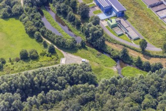 Aerial view, sight pixel tube at the river Seseke in Kamen, Ruhr area, North Rhine-Westphalia,