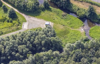 Aerial view, sight pixel tube at the river Seseke in Kamen, Ruhr area, North Rhine-Westphalia,