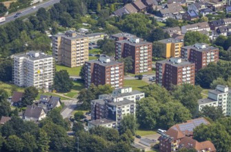 Aerial view, renovation of a residential building in the high-rise housing estate Blumenstraße and