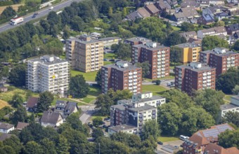Aerial view, renovation of a residential building in the high-rise housing estate Blumenstraße and