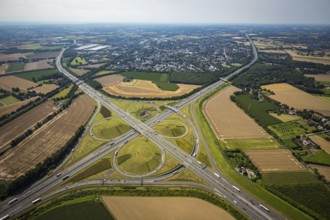 Aerial view, Kamen interchange with A1 motorway and A2 motorway, helicopter sculpture Yellow Angel