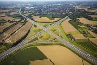Aerial view, Kamen interchange with A1 motorway and A2 motorway, helicopter sculpture Yellow Angel