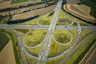 Aerial view, Kamen interchange with A1 motorway and A2 motorway, helicopter sculpture Yellow Angel