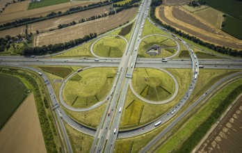 Aerial view, Kamen interchange with A1 motorway and A2 motorway, helicopter sculpture Yellow Angel