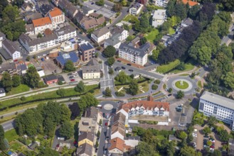 Aerial view, May bridge and partnership bridge at Sesekedamm with river Seseke in Kamen, Ruhr area,
