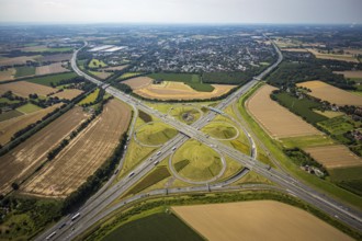 Aerial view, Kamen interchange with A1 motorway and A2 motorway, helicopter sculpture Yellow Angel