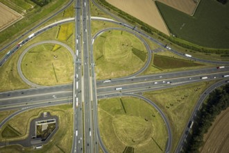 Aerial view, Kamen interchange with A1 motorway and A2 motorway, helicopter sculpture Yellow Angel