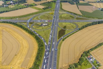 Aerial view, Kamen interchange with A1 motorway and A2 motorway, helicopter sculpture Yellow Angel