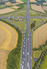 Aerial view, Kamen interchange with A1 motorway and A2 motorway, helicopter sculpture Yellow Angel
