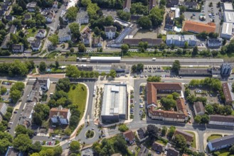Aerial view, Kamen railway station with multi-storey car park and building of the Unna district
