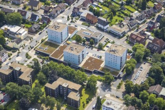 Aerial view, shopping centre and high-rise residential buildings on Einsteinstraße in the Kaiserau