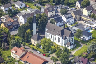 Aerial view, catholic church St. Marien Kamen-Kaiserau in the district Kaiserau, Kamen, Ruhr area,