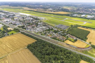 Aerial view, Dortmund Airport, residential area and commercial area Chaussee with noise protection