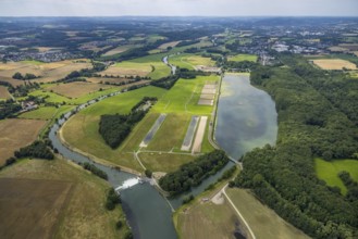 Aerial view, a week ago the Ruhr was still flooded here, course of the Ruhr, Hengsen, Holzwickede,