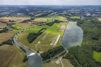 Aerial view, a week ago the Ruhr was still flooded here, course of the Ruhr, Hengsen, Holzwickede,