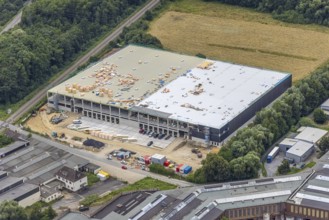 Aerial view, construction site and new building logistics centre Schäferkampstraße in Hohenleuchte,