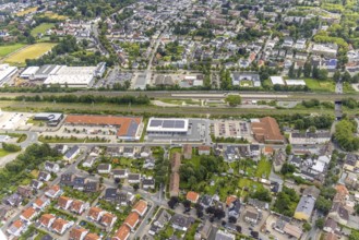 Aerial view, Holzwickede railway station, local supply centre, new Aldi supermarket, Freiberg,