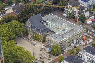 Aerial view, town hall Holzwickede with construction site and extension of the city administration