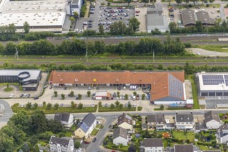 Aerial view, local shopping centre, Freiberg, Holzwickede, Ruhr area, North Rhine-Westphalia,