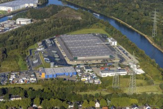 Aerial view, Duvenbeck Kraftverkehr logistics company in the district of Unser Fritz in Herne, Ruhr