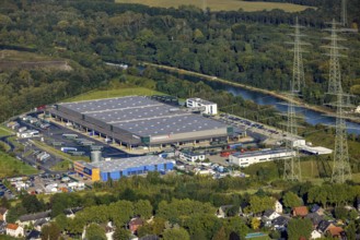 Aerial view, Duvenbeck Kraftverkehr logistics company in the district of Unser Fritz in Herne, Ruhr