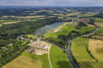 Aerial view, a week ago the Ruhr was still flooded here, course of the Ruhr, Hengsen, Holzwickede,