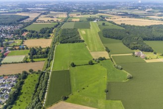 Aerial view, foot and cycle path Seseke-Weg with bridge over the river Seseke in the district