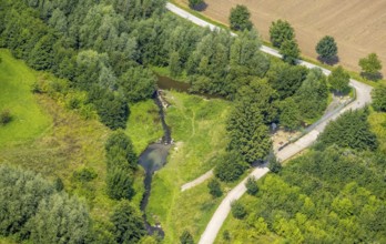 Aerial view, foot and cycle path Seseke-Weg with bridge over the river Seseke in the district