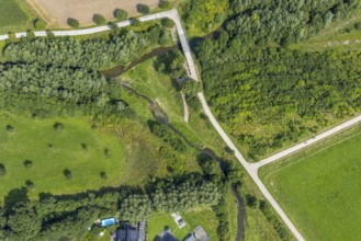 Aerial view, foot and cycle path Seseke-Weg with bridge over the river Seseke in the district
