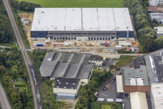 Aerial view, construction site and new construction of a logistics centre of Hillwood HWE GmbH at