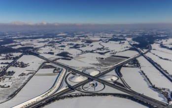 Aerial view, Kamener Kreuz in winter, A1 and A2, helicopter sculpture Yellow Angel, Kamen, Ruhr