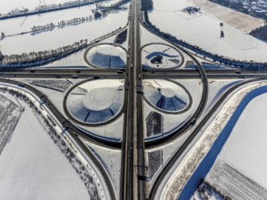 Aerial view, Kamen junction in winter, A1 and A2, helicopter sculpture Yellow Angel, Kamen, Ruhr