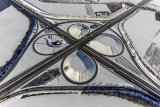 Aerial view, Kamen junction in winter, A1 and A2, helicopter sculpture Yellow Angel, Kamen, Ruhr