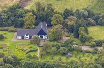 Aerial view, half-timbered house Emscherquellhof with café in the district Hohenleuchte in