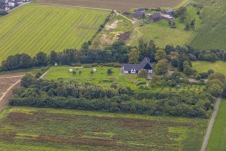 Aerial view, half-timbered house Emscherquellhof with café in the district Hohenleuchte in