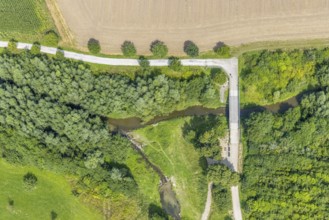 Aerial view, foot and cycle path Seseke-Weg with bridge over the river Seseke in the district