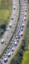 Aerial photo, traffic volume on the A1 motorway in Südkamen, truck traffic jam, Kamen, Ruhr area,